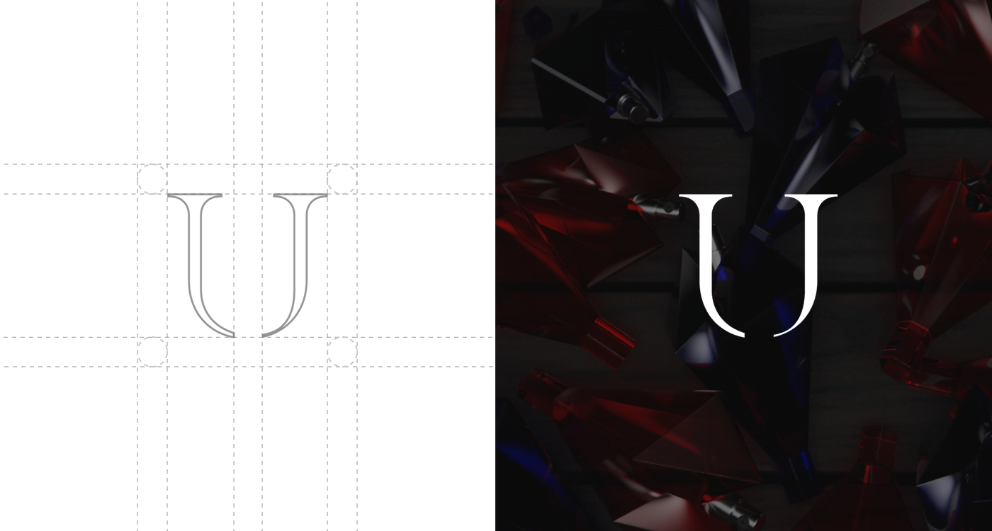 Isotipo de Unchained con guías y finalizado con diversos perfumes 3D azules y rojos